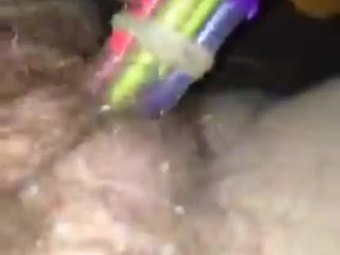 Teen uses a homemade dildo out of pens to masturbate